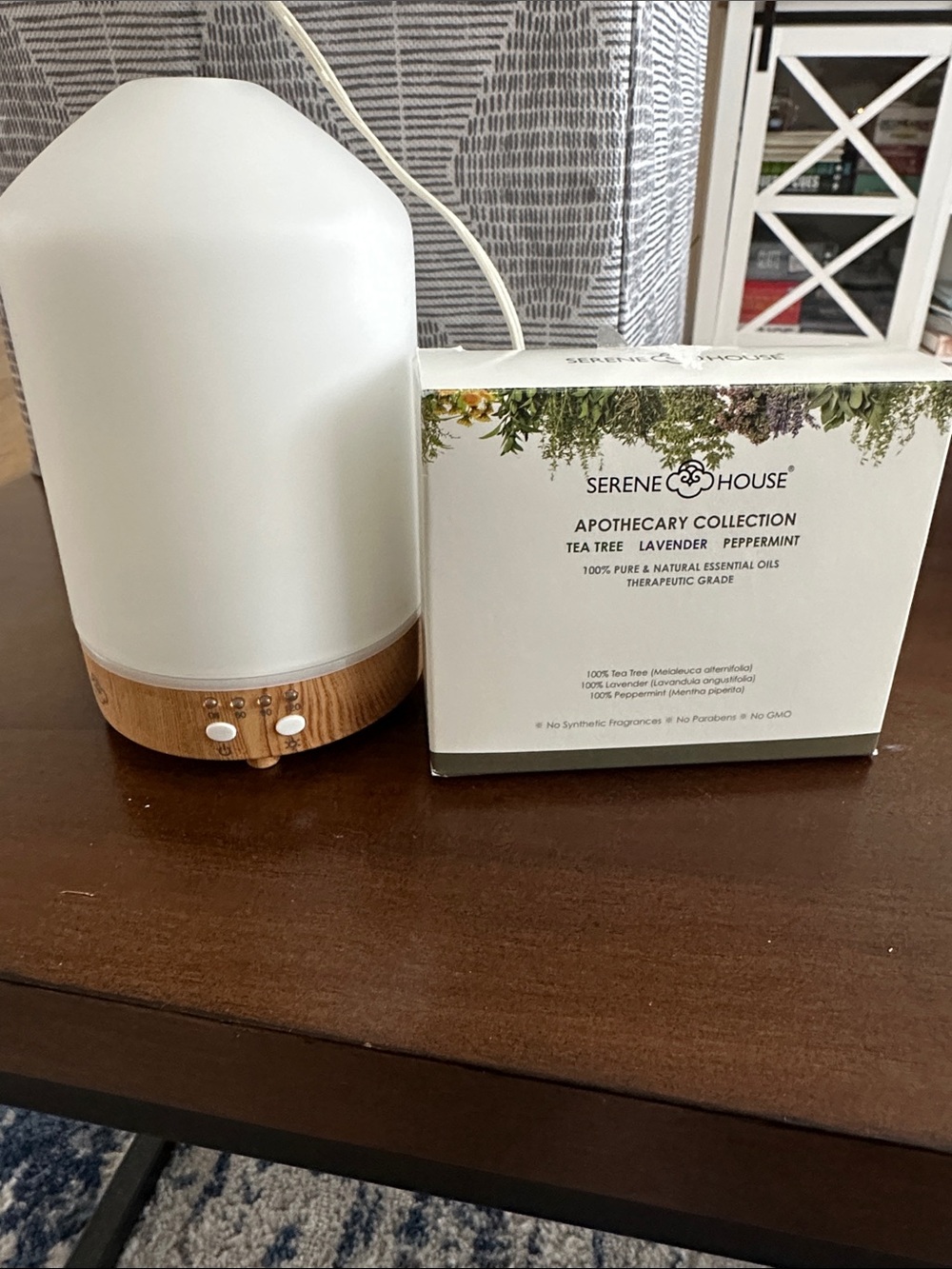 White Ultrasonic Aroma Diffuser with Wood-Effect Base w/ 3 5ml essential oils